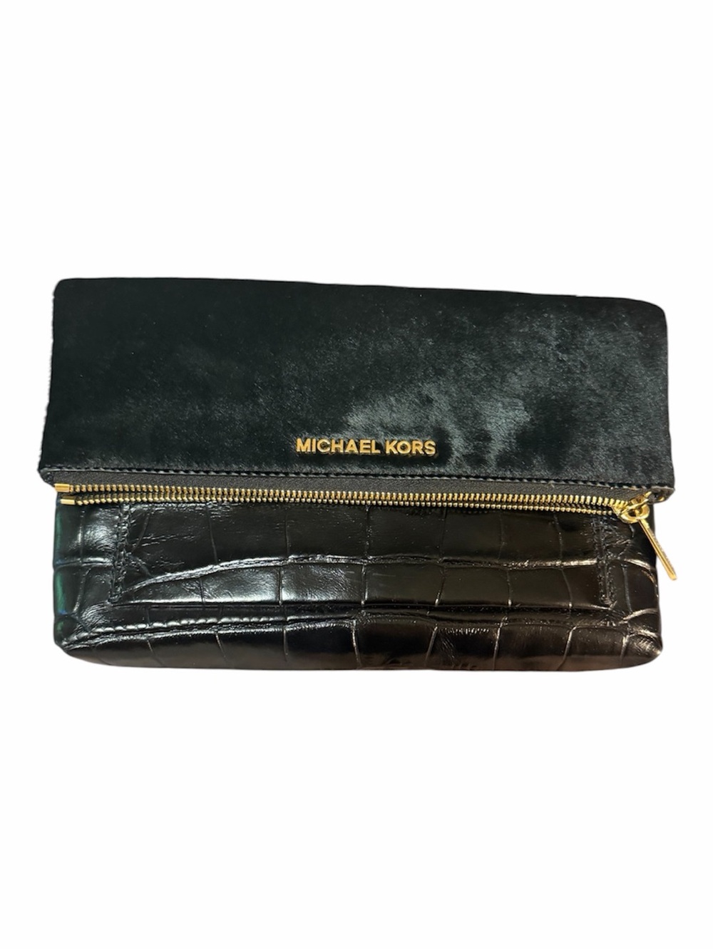 EUC Michael Kors Black Calfhair and Croc-Embossed Clutch with Gold Hardware